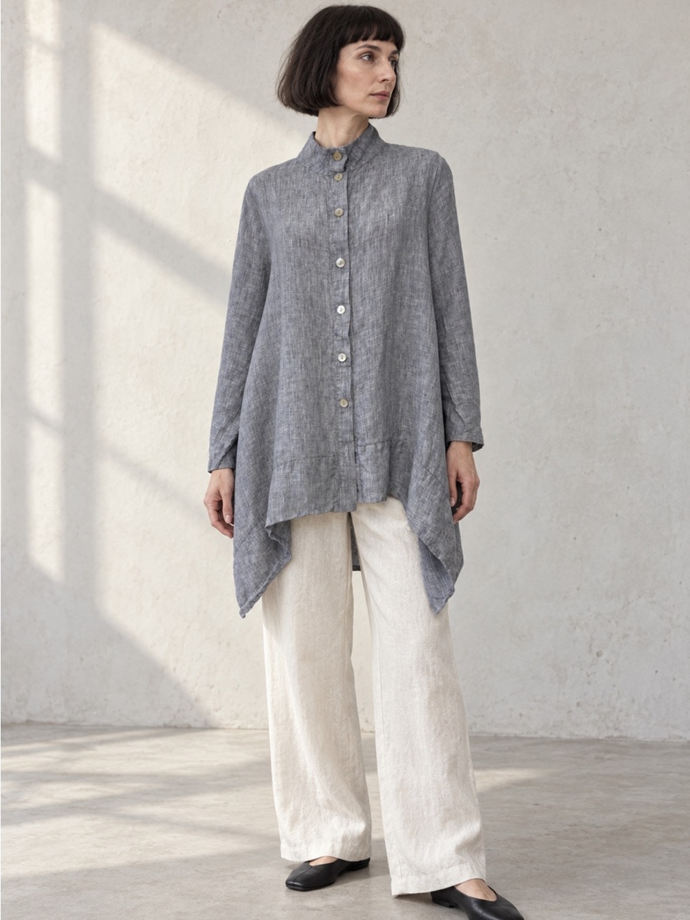 Chalet 100% Linen Asymmetric Button Front Tunic Blue Gray L Made in USA
